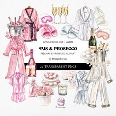 watercolor fashion illustrations with pink and white items for the bride's robes