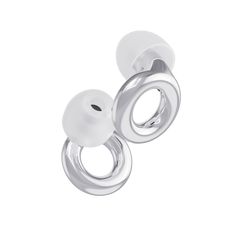 two white rings are attached to the back of a pair of ear plugs on a white background