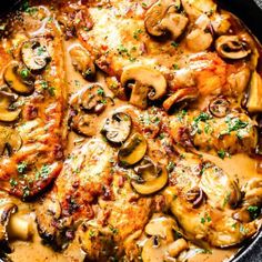 chicken with mushrooms and sauce in a skillet