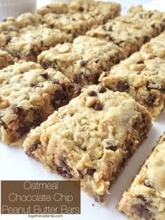 oatmeal chocolate chip peanut butter bars cut into squares