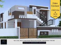 an advertisement for a house with stairs and balconies on the front, below which reads eden enclave 2 bhk villa