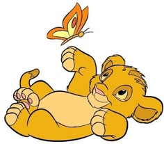 a cartoon lion laying on its back with a butterfly flying above it