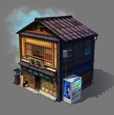 3d House Interior, Isometric Japanese House, Japanese Diorama, Japanese Buildings, Japanese Town, Japan House, Anime House, Arte Aesthetic, Colour Drawing