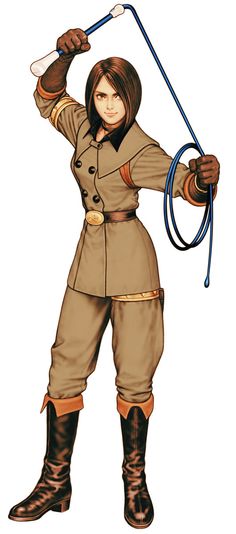 a woman in uniform holding a rope with one hand and wearing boots on the other