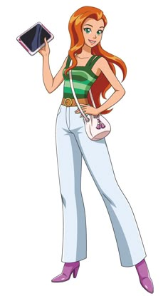 an image of a woman with red hair holding a cell phone and wearing white pants