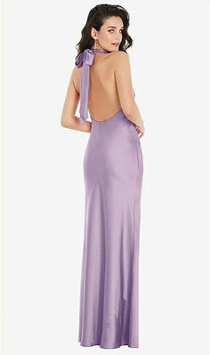 Scarf Tie High-neck Halter Maxi Slip Bridesmaid Dress In Pale Purple | The Dessy Group Silk Halter Neck Dress For Prom, Silk Halter Dress For Prom, Elegant Satin Halter Dress With Back Opening, Elegant Backless Halter Dress With Bias Cut, Satin Halter Backless Dress For Formal Events, Evening Long Satin Backless Dress, Backless Satin Halter Dress For Formal Events, Backless Satin Halter Dress For Formal Occasions, Evening Satin Backless Long Dress