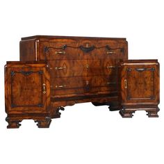 three pieces of wooden furniture on display against a white background