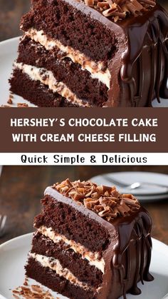 there is a chocolate cake with cream cheese filling on the top and another piece has been cut in half