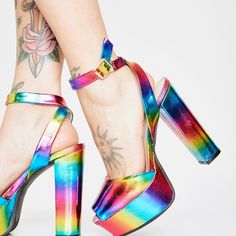 Fun Bright Rainbow Holographic Platform Heels. -Peep Toe -Ankle Strap With Buckle - Heel Height 5 Inches -Platform Height 1 1/2. Holographic Heels, Rainbow Heels, Rainbow Holographic, Cutout Heels, Sparkle Heels, Punk Boots, Floral Heels, Bright Rainbow, Patent Heels