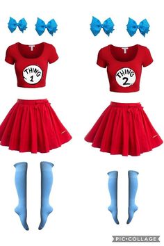 the cat in the hat costume is red and has blue tights, stockings, and socks