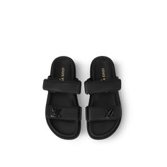 LOUIS VUITTON® - Lv Sunset Flat Comfort Mule - Black Louis Vuitton Flip Flops, Lv Sandals, Louis Vuitton Slides, Louis Vuitton Slippers, Designer Slides Women, Luxury Tote Bags, High End Shoes, Jordan Shoes Girls, Shoes Heels Classy