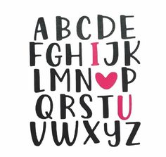 the letters are black and white with pink hearts on it's uppercases