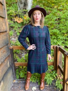 Vintage Laura Ashley Wool Dress. Lovely Tartan Plaid with a drop waist and fabric covered buttons. Long sleeve and cozy! The perfect dress for Fall and Winter, just add some tights and boots. The size and material tags are missing on this one. I suspect it may be a USA 14 (original) It will fit a modern large beautifully and could be worn sightly oversized one a medium. (Im an 8) Measured flat and in inches. The perfect Christmas time dress! Pit to pit - 20 in Waist - 17.5 in Hips - 20.5 in Leng Vintage Lined Plaid Dress, Vintage Plaid Winter Dress, 80s Laura Ashley Dress, Laura Ashley Dress 1980s, Vintage Gingham Plaid Knee-length Dress, Winter Plaid, Tights And Boots, Vintage Winter, Star Dress