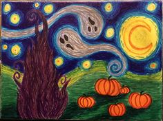 a painting with pumpkins in front of a starry night