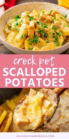 crock pot scalloped potatoes in a white bowl