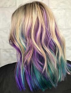 How To Place Highlights In Hair, Colored Hair Blonde, Peek A Boo Hair, Unicorn Hairstyle, Blue And Purple Hair, Kids Hair Color, Peekaboo Hair Colors, Mermaid Hair Color