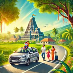 a family walking down the road with their car in front of them and an image of a temple