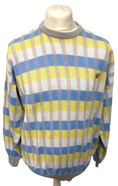 Brand & Detail : Jack Nicklaus Golden Bear XL Golf Rare Jumper Striped Yellow/ Blue/ White Men's  Label Size: XL Condition : used in great condition very vintage and rare Colour: white/blue/yellow Material: 50% lana wool, 50% acrylic Type: long sleeved jumper, golden bear on left chest, crew neck Armpit to Armpit (inches): 23.5 Armpit to Cuff (inches): 21 Collar to Hem (inches): 28.5 PAYMENT Paypal is preferred ( and is the only option for overseas bidders!) but i will also except cheques & postal orders from uk based buyers but winning items will not be posted until payment has cleared! ???????   SHIPPING Items will normally be dispatched same day or within one working day of payment being received. I will always email you to advise the dispatch of your item so you know when to expect it Blue Vintage, Label Sizes, Yellow Blue, Vintage Men, Blue Yellow, White Blue, Blue White