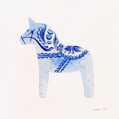 a watercolor drawing of a dog in blue and white with intricate details on it's body