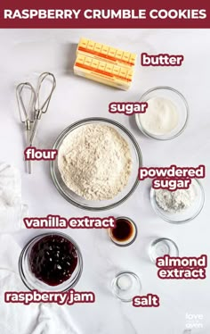 ingredients to make raspberry crumble cookies on a white background with text overlay