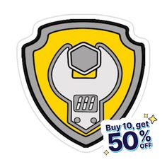 a yellow and gray sticker with the words buy 10 get 50 % off on it