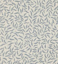 a white and blue wallpaper with leaves on it's side, in the shape of a leafy pattern