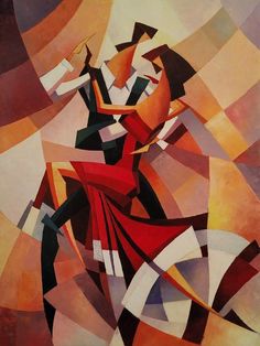 an abstract painting of two people dancing