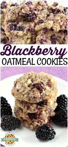 blackberry oatmeal cookies are stacked on top of each other with blackberries