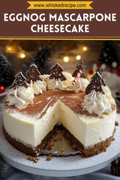 an eggnog mascarpone cheesecake on a white plate