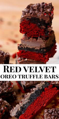 red velvet oreo truffle bars stacked on top of each other