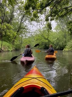 two people in kayaks paddling down a river surrounded by trees and greenery