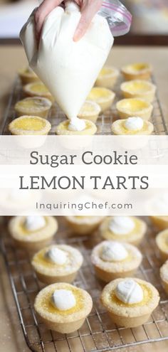 sugar cookie lemon tarts on a cooling rack being drizzled with icing