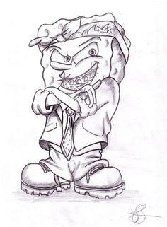 a drawing of a cartoon character wearing a hat and tie with his hands in his pockets