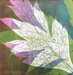 a painting of leaves on a green and purple background