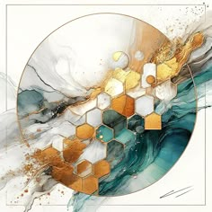 an abstract painting with hexagonal shapes in gold and blue colors on a white background