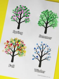 four different types of trees with the words spring, fall and winter written on them