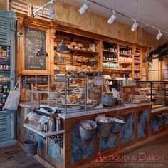 the inside of a bakery with lots of food