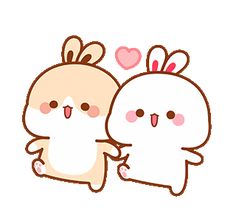 two cute little white rabbits hugging each other with hearts on their ears and eyes, one holding the back of another bunny's head