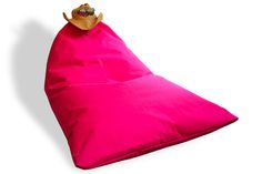 a dog laying on top of a fuchsia bean bag chair with a pink cover