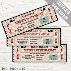 two pink and green ticket style birthday party tickets