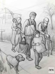 a drawing of people walking down the street with two dogs and one man holding a child