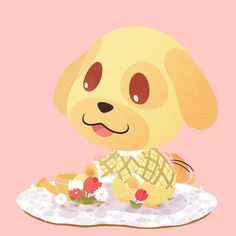 a cartoon dog sitting on top of a plate with flowers in it's mouth