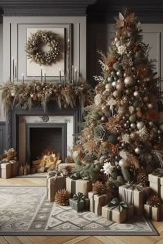 a decorated christmas tree in front of a fireplace