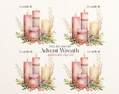 four pink candles with greenery and berries around them on a watercolor paper background