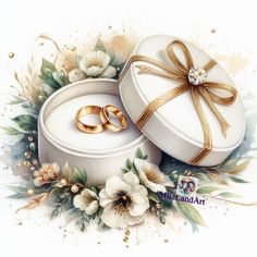 two wedding rings in a gift box surrounded by flowers and gold ribbon on white background