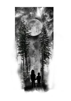 two people standing next to each other in front of trees and the moon above them