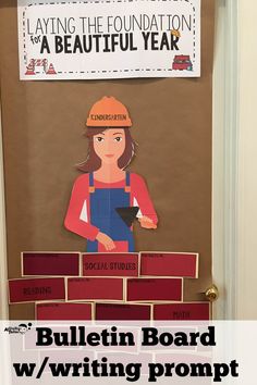 the bulletin board is decorated with construction themed writing and paper cutouts for kids to write on