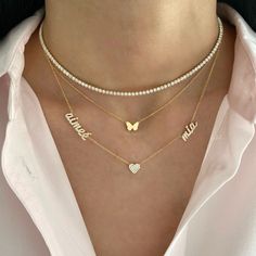 Personalize this multi name necklace with up to 6 names! All names are set with diamond stones! Available in 14K Yellow, White or Rose Gold All lowercase font only Letter size ranges from 4mm - 7mm depending on the letter Each one comes with a 1" extender FINAL SALE If you choose diamonds they will be spaced evenly like the names. 2 names: 1 or 3 diamonds - if 1 it will be in between the name, if 3 it will be on every side of the names 3 names: 2 or 4 diamonds - if 2 it will be in between the na Diamond Name Necklace, All Names, Gold Aesthetic, Pendant Design, Blackpink Fashion, Luxury Life, Diamond Stone