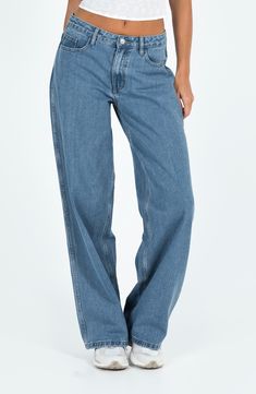 Evenly faded for a vintage vibe, these lightweight jeans feature a mid-rise waist, full-length legs and a relaxed fit. 32" inseam; 21" leg opening; 10 1/2" front rise; 14 1/2" back rise (size 8) Zip fly with button closure Five-pocket style 69% cotton, 16% polyester, 11% rayon, 4% nylon Machine wash, line dry Imported Denim Belt, Relaxed Jeans, Relaxed Fit Jeans, Princess Polly, Pocket Design, Denim Wash, Wide Leg Jeans, Bottoms Pants, Fit Jeans