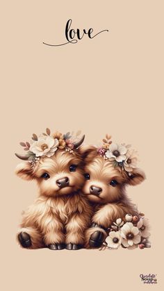 two small dogs sitting next to each other with flowers on their heads and the words love above them